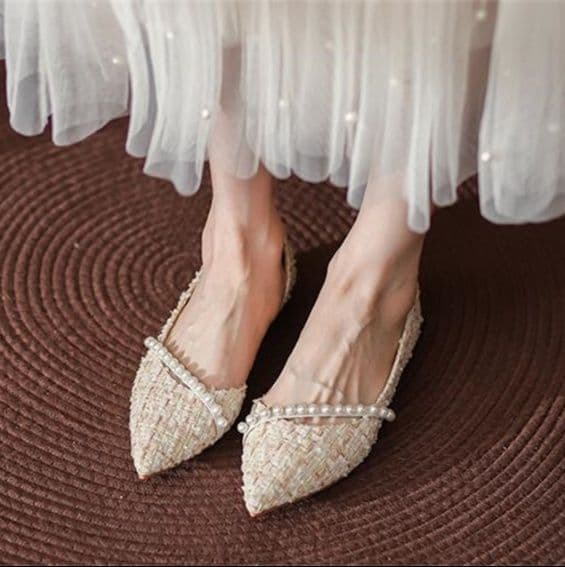 フラットシューズ 上品パール付きツイードパンプス ポインテッドトゥ