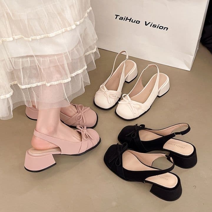 フラットシューズ 優美なリボン結びバックストラップパンプス